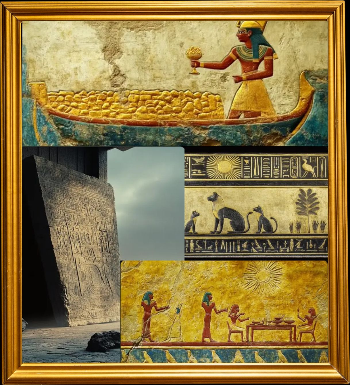 Framed collage of AI-generated ancient Egyptian art from Vlad Tenev's 2025 series